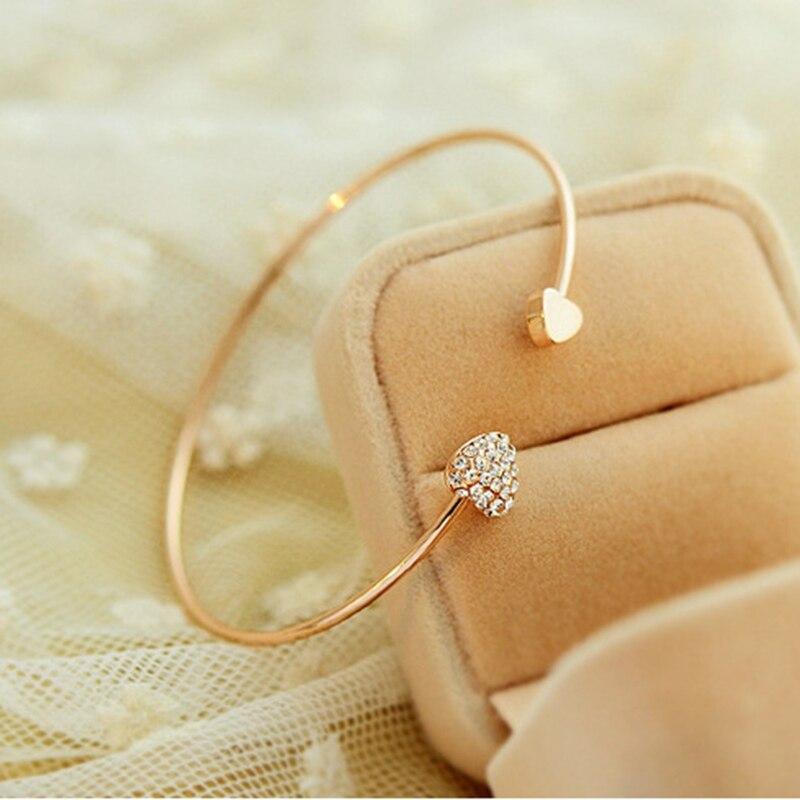 New Fashion Adjustable Crystal Double Heart Bow Bilezik Cuff Opening Bracelet For Women
