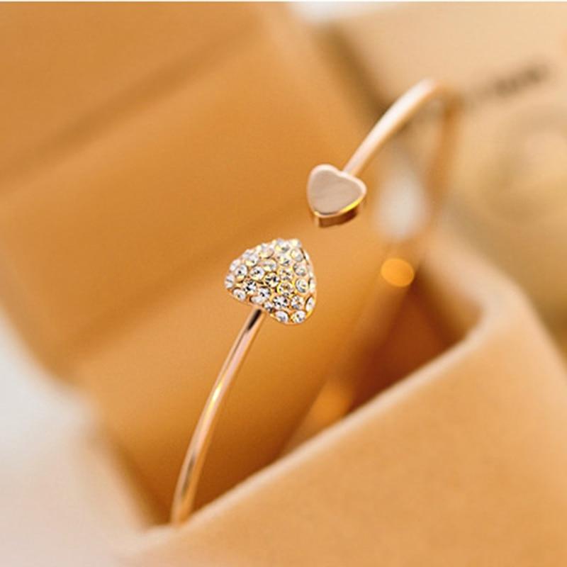 New Fashion Adjustable Crystal Double Heart Bow Bilezik Cuff Opening Bracelet For Women