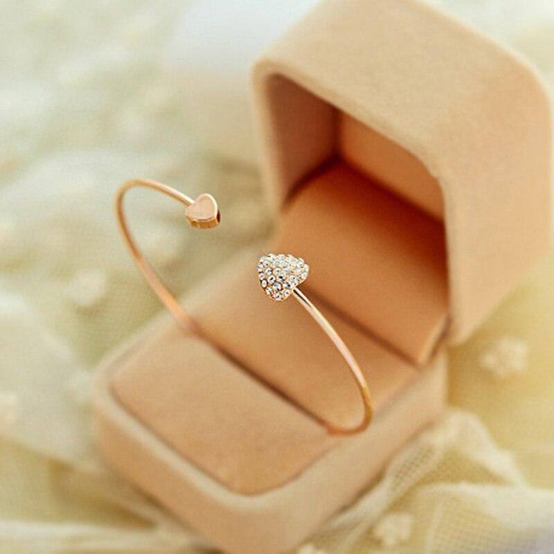 New Fashion Adjustable Crystal Double Heart Bow Bilezik Cuff Opening Bracelet For Women