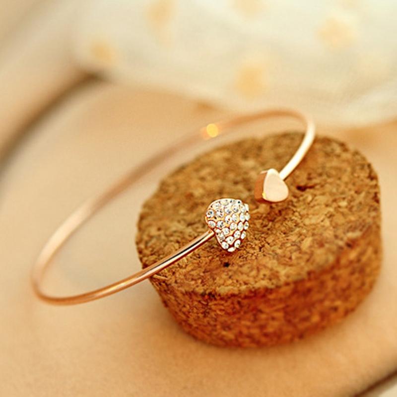New Fashion Adjustable Crystal Double Heart Bow Bilezik Cuff Opening Bracelet For Women
