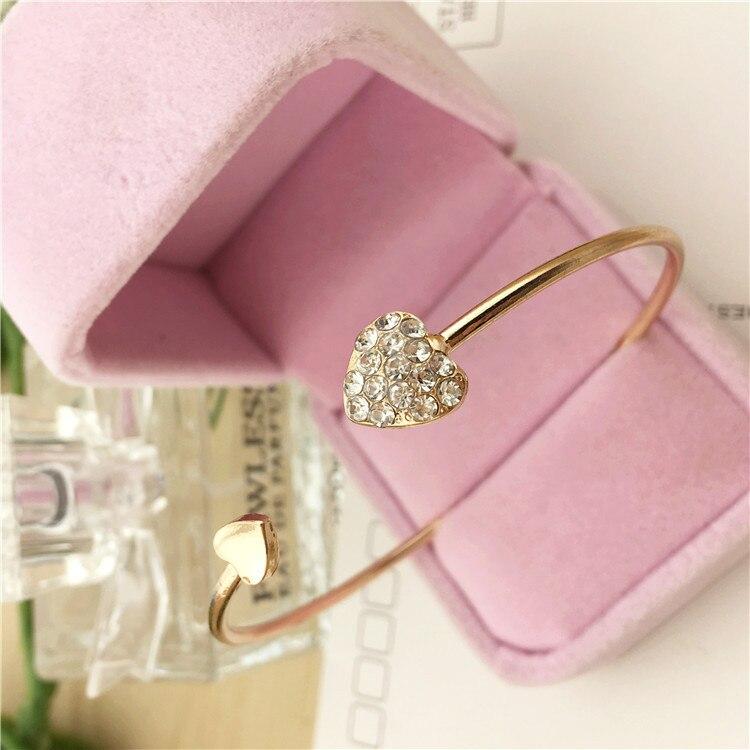 New Fashion Adjustable Crystal Double Heart Bow Bilezik Cuff Opening Bracelet For Women