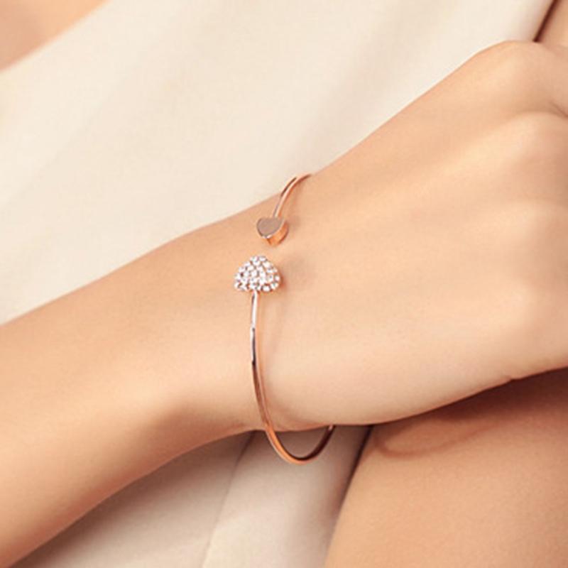 New Fashion Adjustable Crystal Double Heart Bow Bilezik Cuff Opening Bracelet For Women