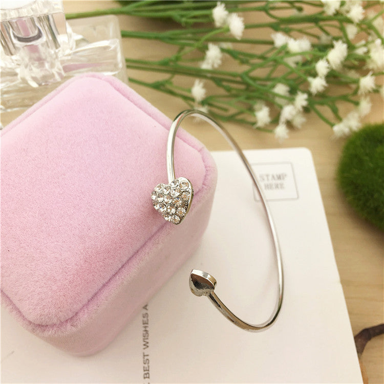 New Fashion Adjustable Crystal Double Heart Bow Bilezik Cuff Opening Bracelet For Women